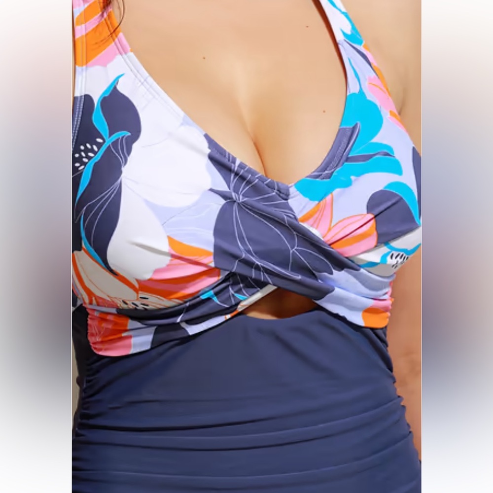 NWT CUPSHE Women's deep ocean wrap front cut out tummy control one piece sz XL - Picture 3 of 5